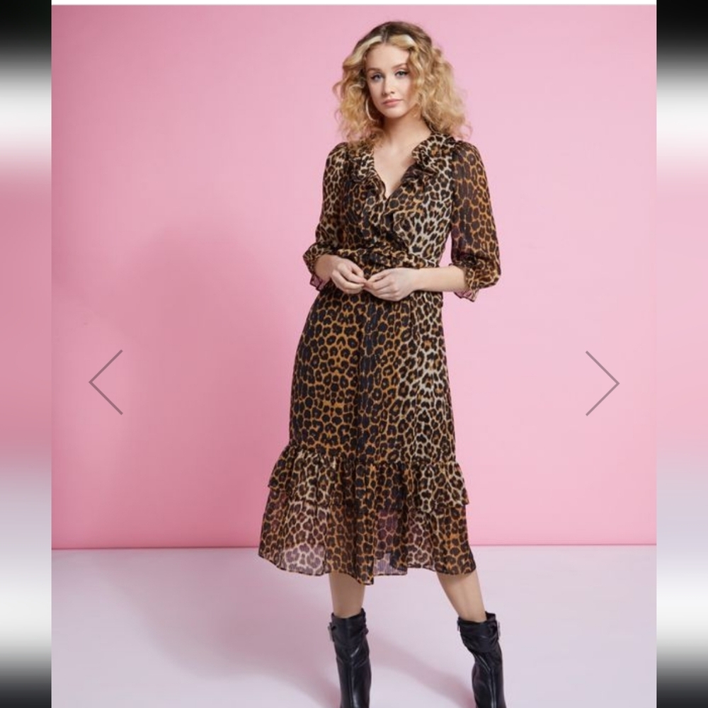 "SAVIDA" LEOPARD RUFFLE MIDI DRESS SZ S